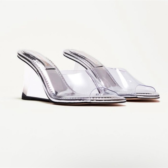 Good American Shoes - Good American Cinder F Rella Wedge Silver Lucite Triangle Block Heels Size 7​